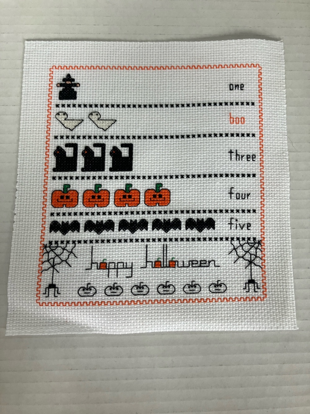 Hand Crafted Halloween Count Cross Stitch 7” panel- Black, Orange, Green, White